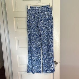 All For Color Blue and White Leaf Print Wide Leg Pants